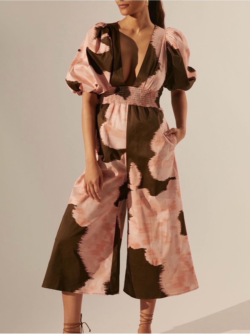 Hutch Pink & Green Deep V Puff-Sleeve Wide-Leg Jumpsuit - Picture 4 of 4